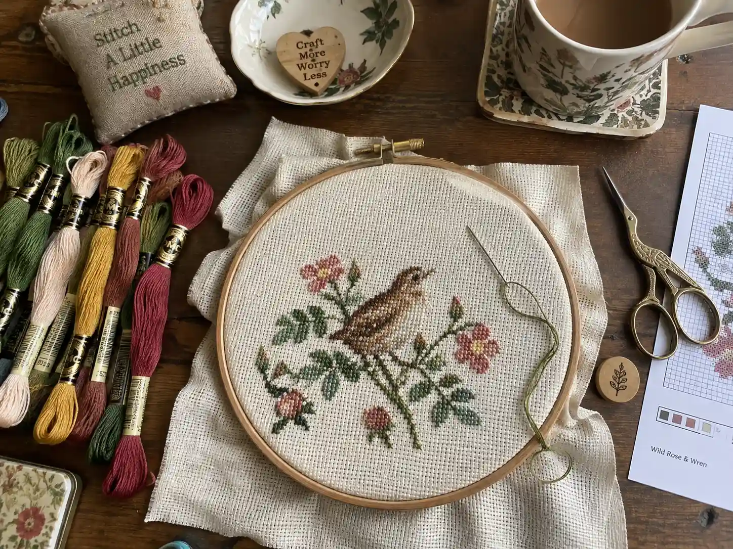 A cross-stitch workspace with floss, a hoop, and a project in progress