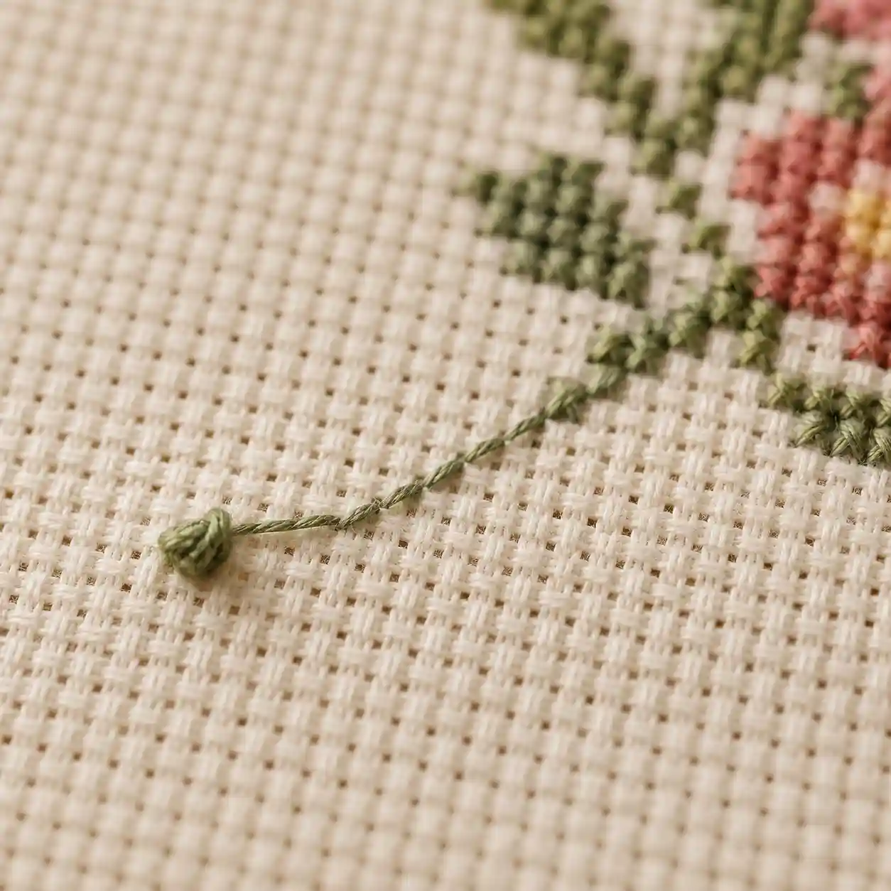 A waste knot on the front of the fabric with its tail being stitched over