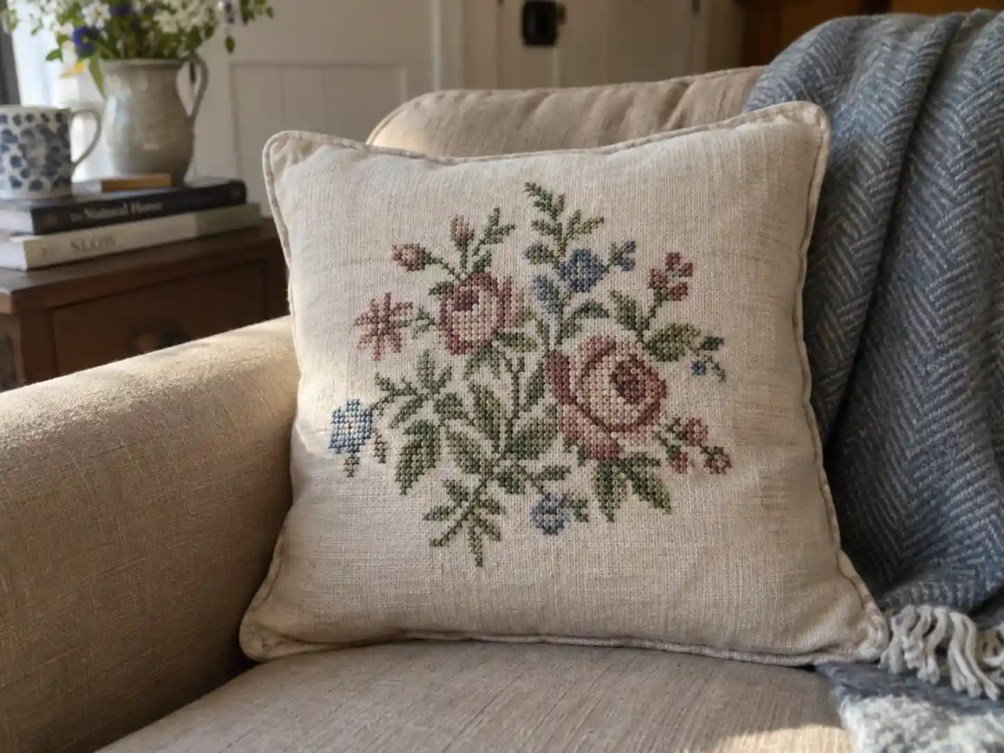 A small finished cross-stitch piece made up into a pillow with a visible seam
