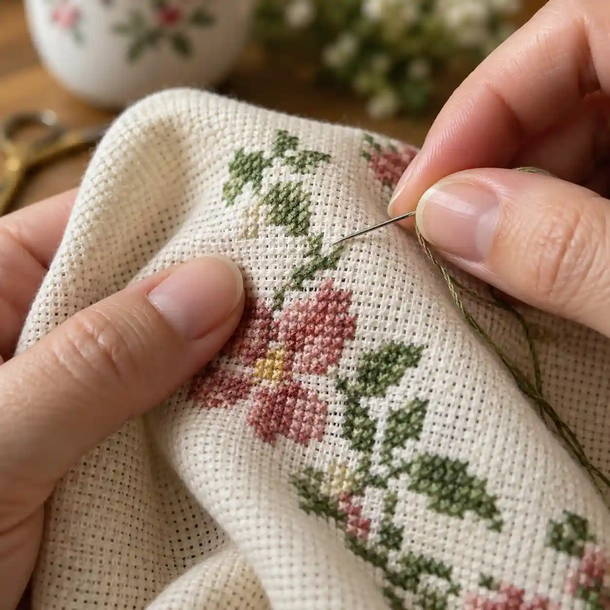 Hands stitching fabric held directly with no hoop or frame