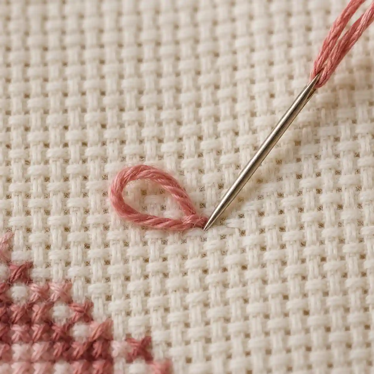 Floss folded in half being threaded for the loop start method, loop visible before the first pull-through