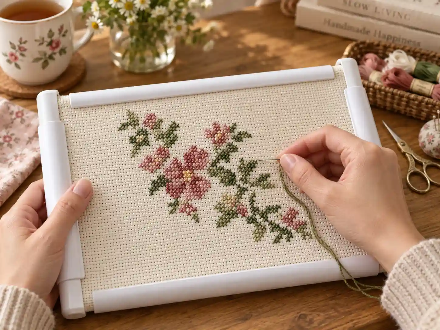 Fabric held taut in a scroll frame, mid-stitch, showing the full-width tensioning