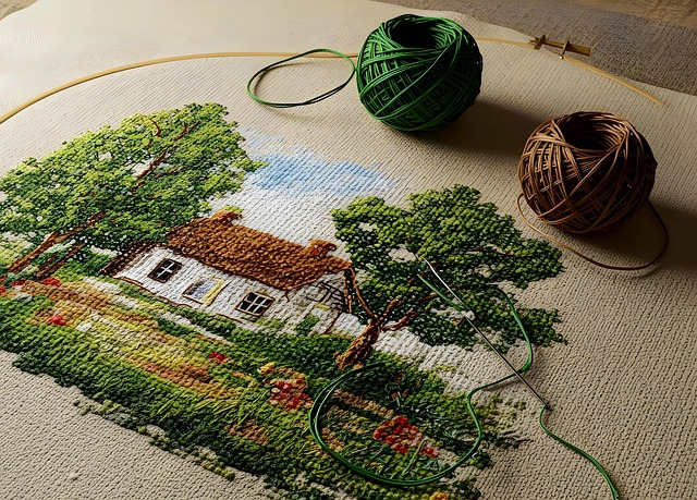 A stitched cottage landscape sampler, evoking the traditional sampler era