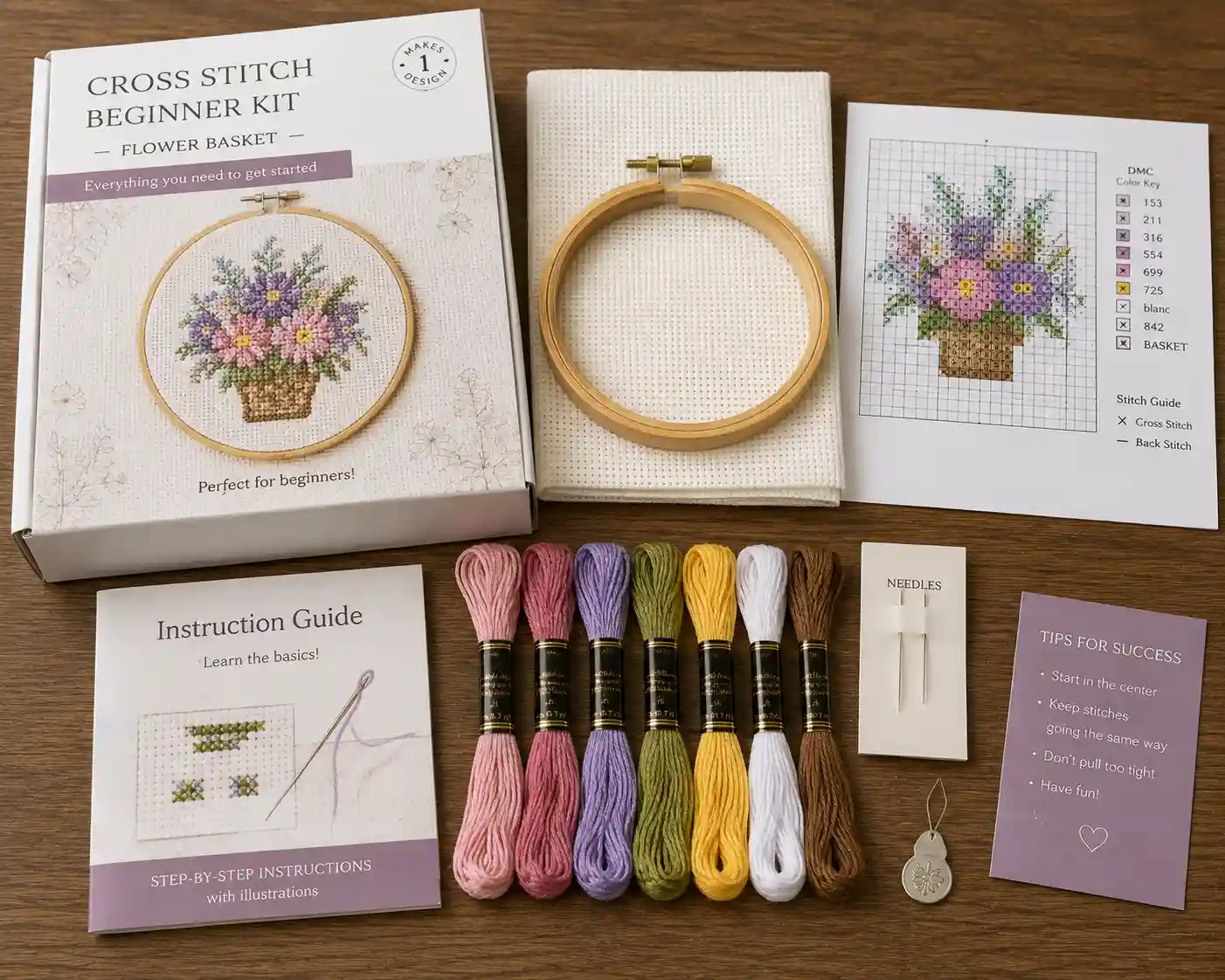 A beginner cross-stitch kit box opened to show the fabric, hoop, floss, needles, and chart included