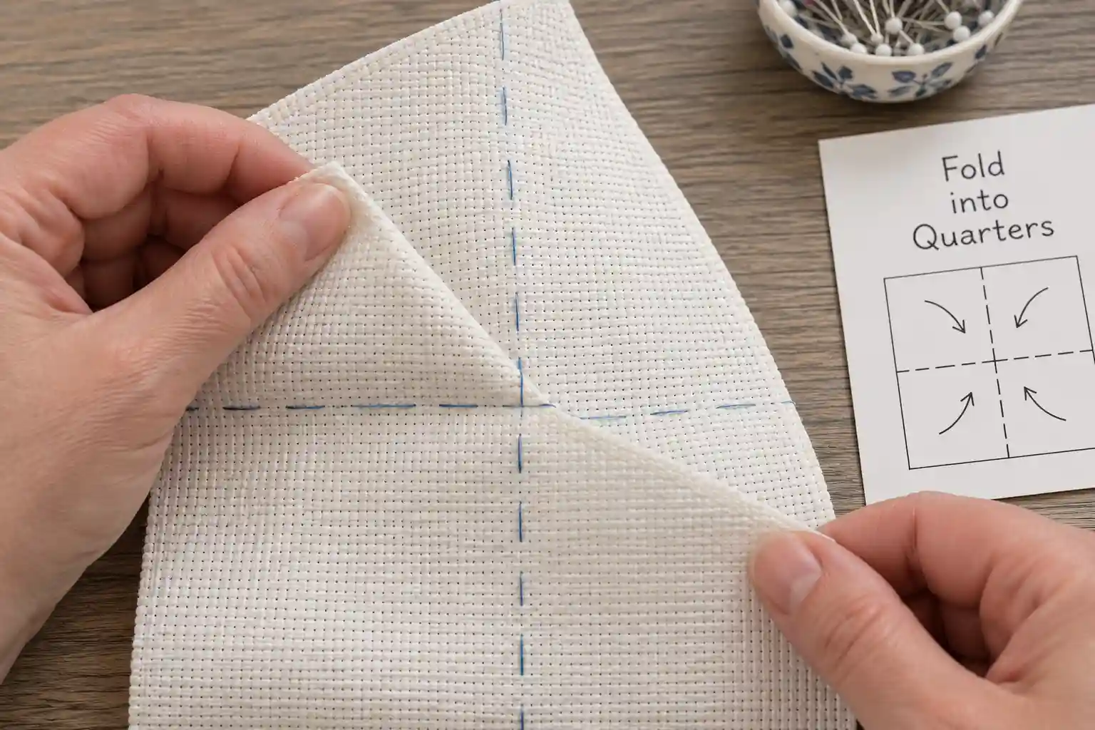 Hands folding cross-stitch fabric into quarters to find the center, with a fold-into-quarters diagram alongside