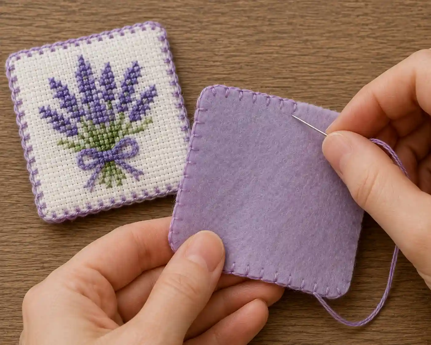 A finished cross-stitch piece being sewn into a felt-backed pouch