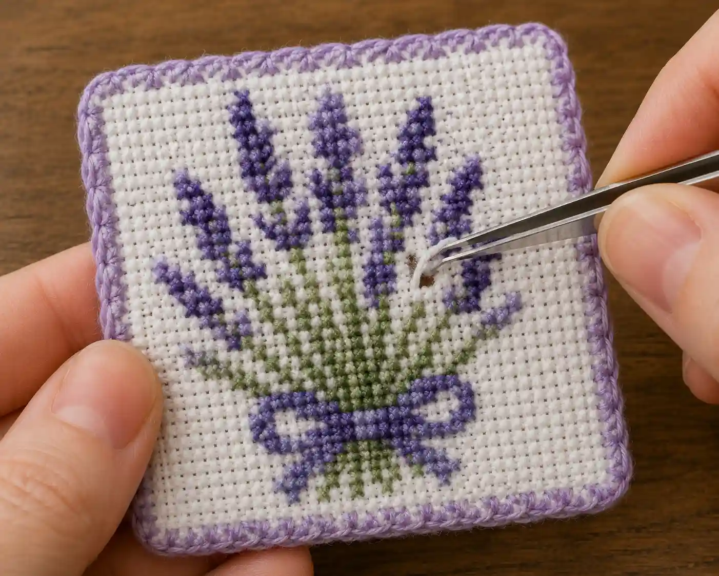 Tweezers picking out a stitch from a finished cross-stitch piece to fix a mistake