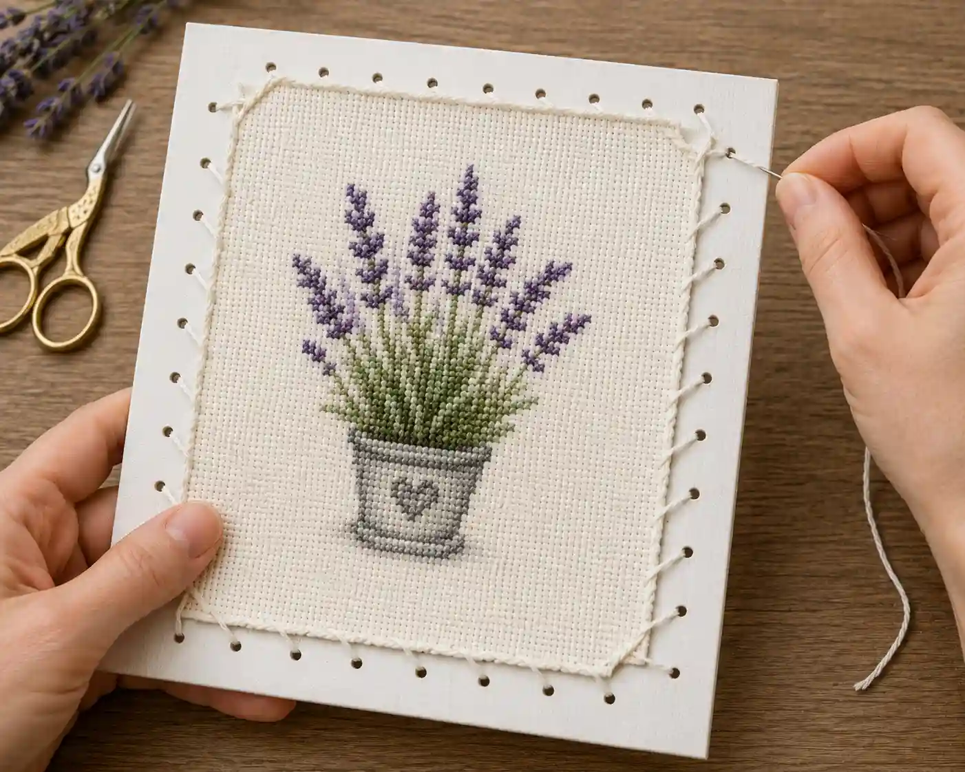 A finished cross-stitch piece being laced onto a mounting board ready for framing
