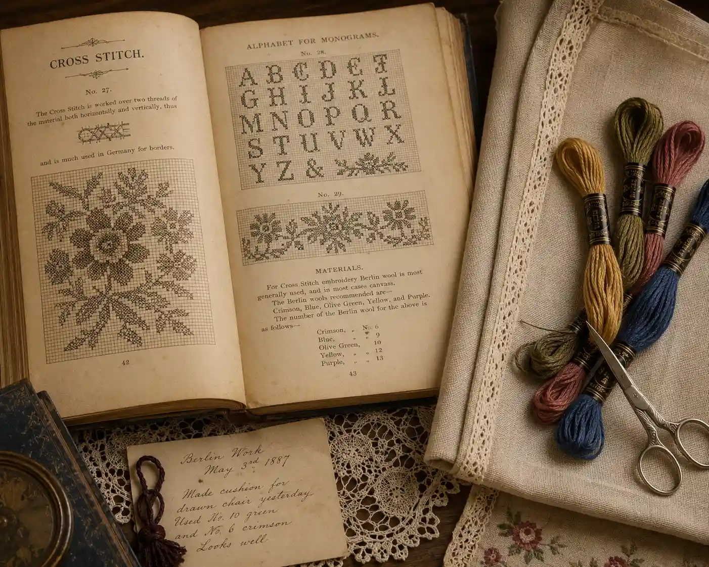 An antique pattern book open to a cross-stitch alphabet chart, next to linen fabric and floss