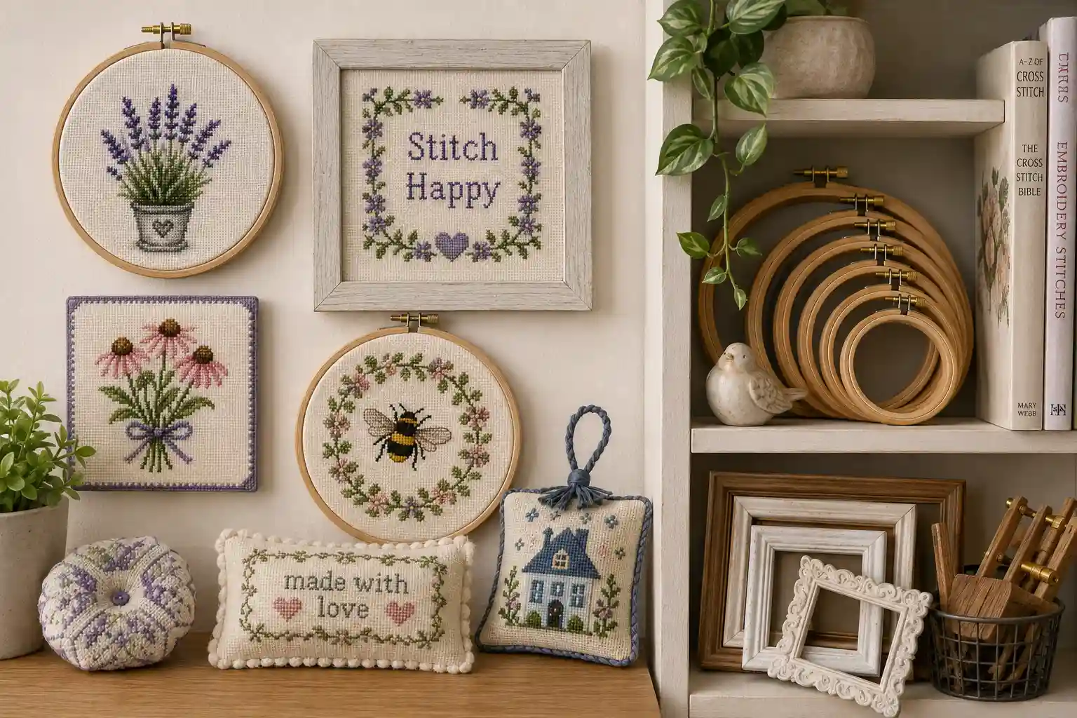 A gallery-style display of finished cross-stitch pieces in hoops and frames on a shelf