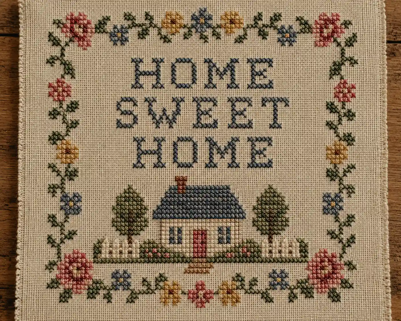 A "Home Sweet Home" cross-stitch sampler with a cottage motif and floral border