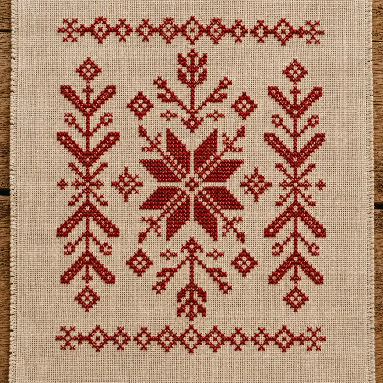 A symmetrical geometric folk motif stitched in red on linen