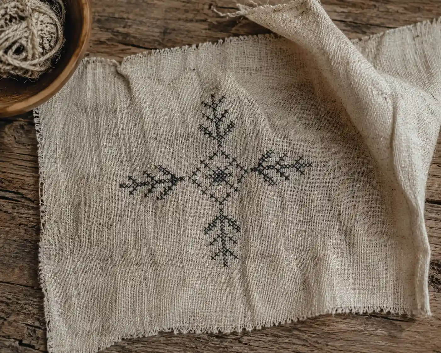 A small cross-shaped motif hand-stitched in dark thread on plain undyed linen
