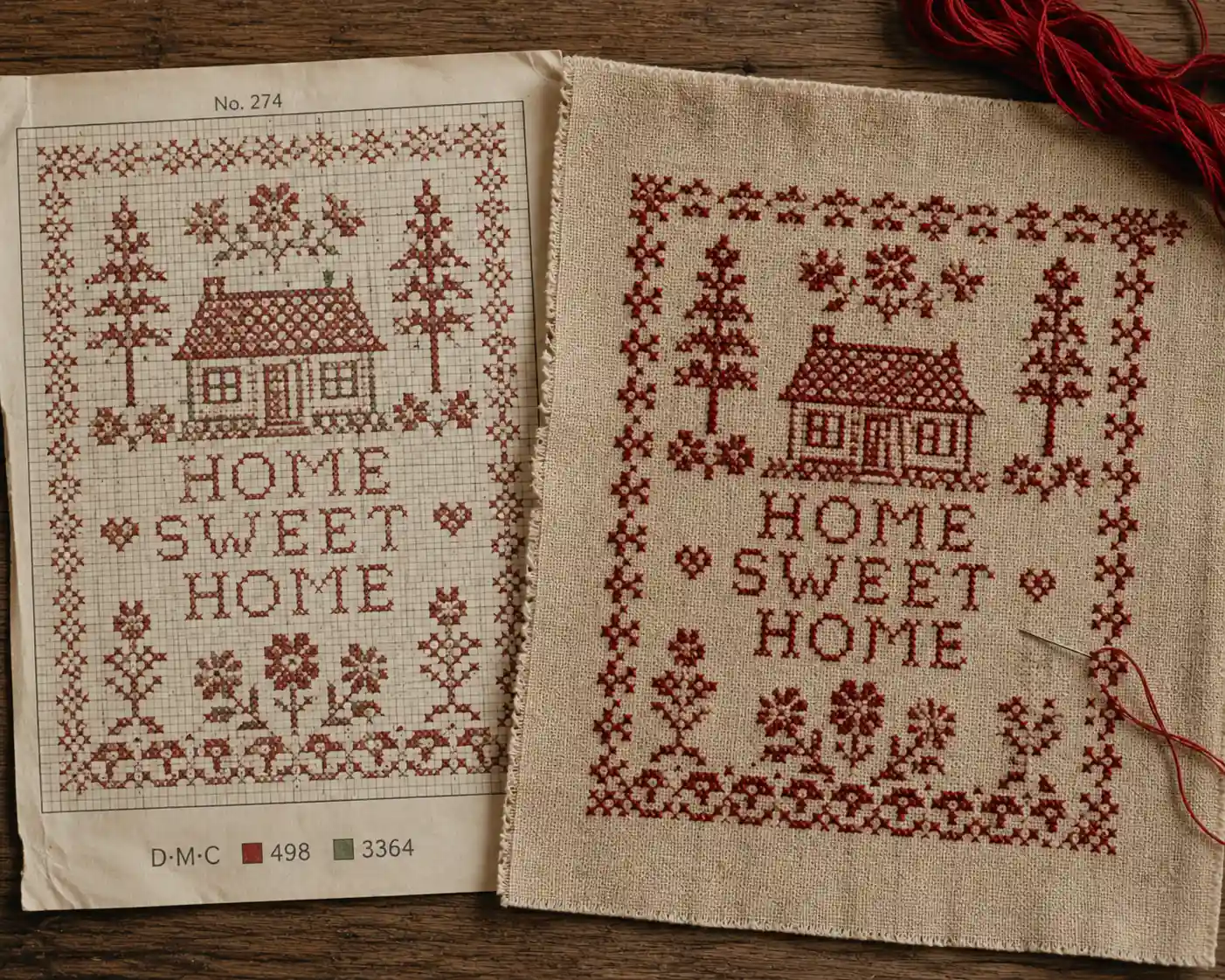 A printed cross-stitch chart next to the matching fabric being stitched from it