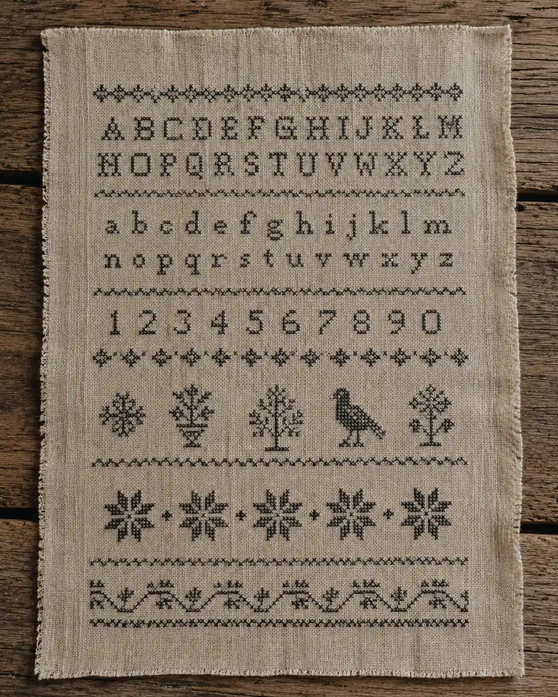 A band sampler stitched with alphabet rows, numerals, and small motifs on linen