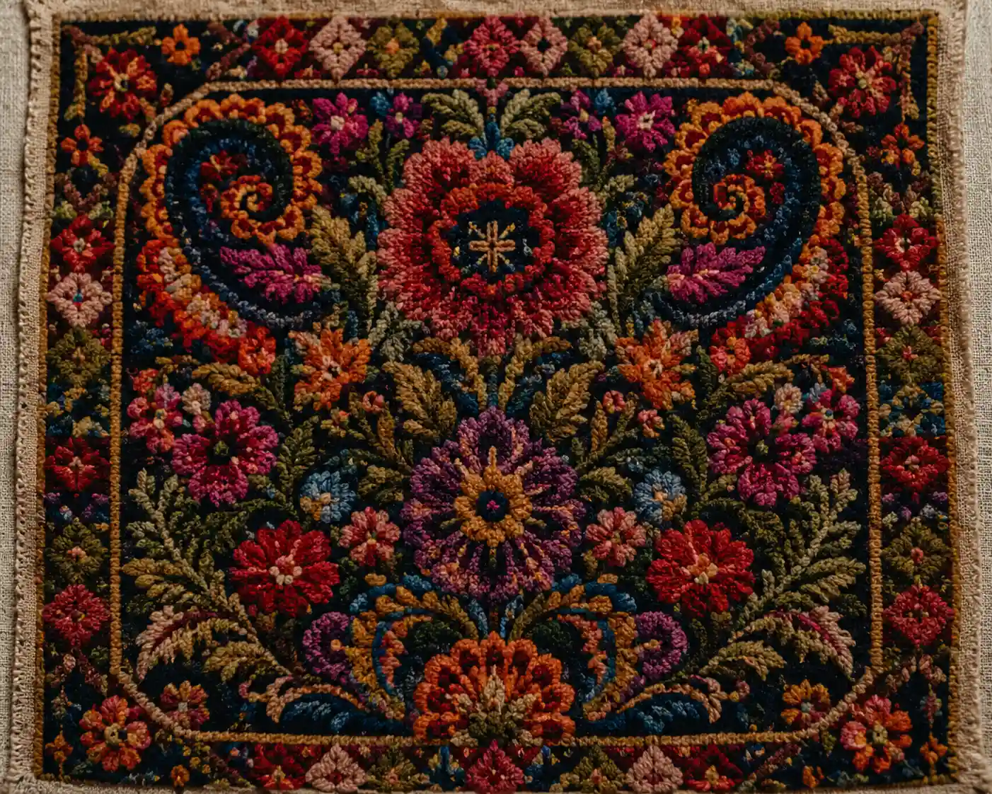 A densely stitched Berlin wool work piece in bold, saturated florals