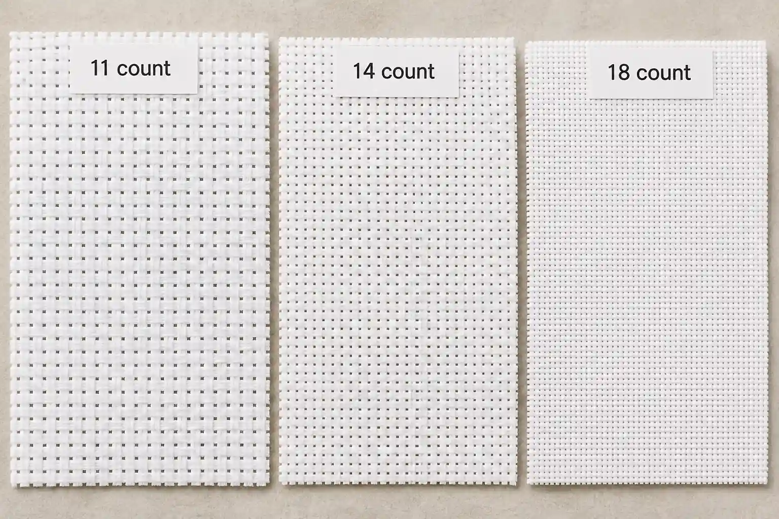 Three swatches of Aida cloth at 11, 14, and 18 count laid side by side showing the size difference in the grid