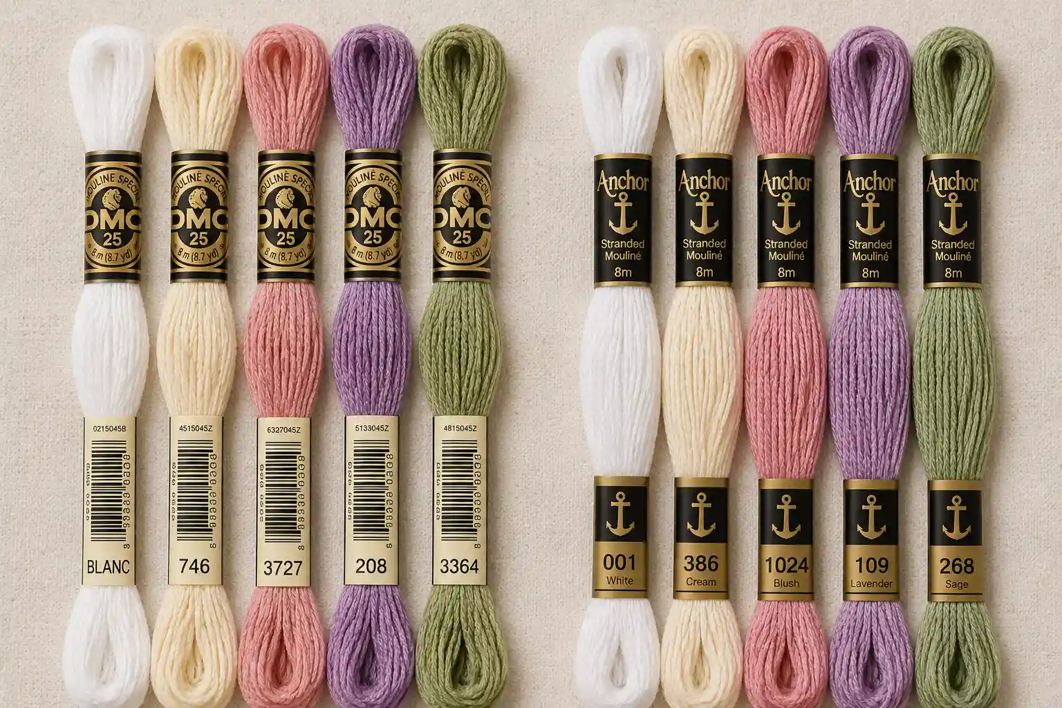 DMC and Anchor floss skeins in matching colors laid side by side with their brand labels and color numbers visible