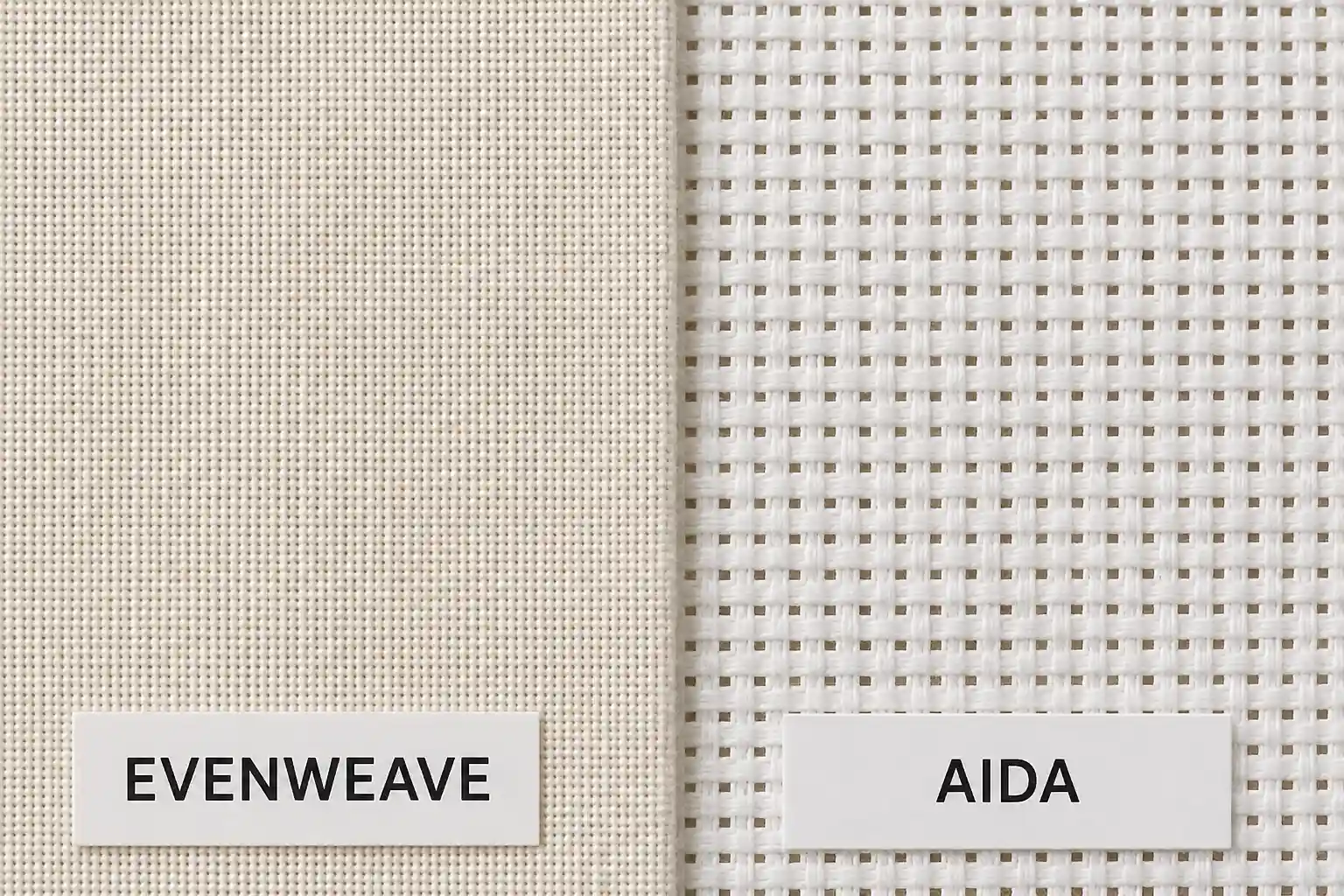 A close-up of evenweave fabric next to a swatch of Aida, showing evenweave's smooth surface compared to Aida's blocky grid