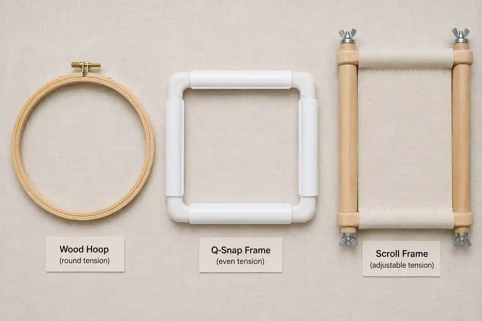 A wood hoop, a Q-Snap frame, and a scroll frame shown side by side for comparison
