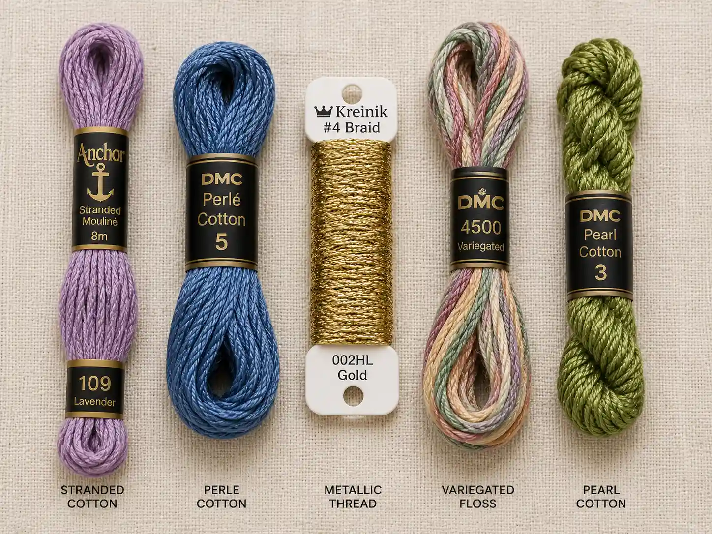 Stranded cotton, perle cotton, metallic thread, variegated floss, and pearl cotton skeins lined up to show their textural differences