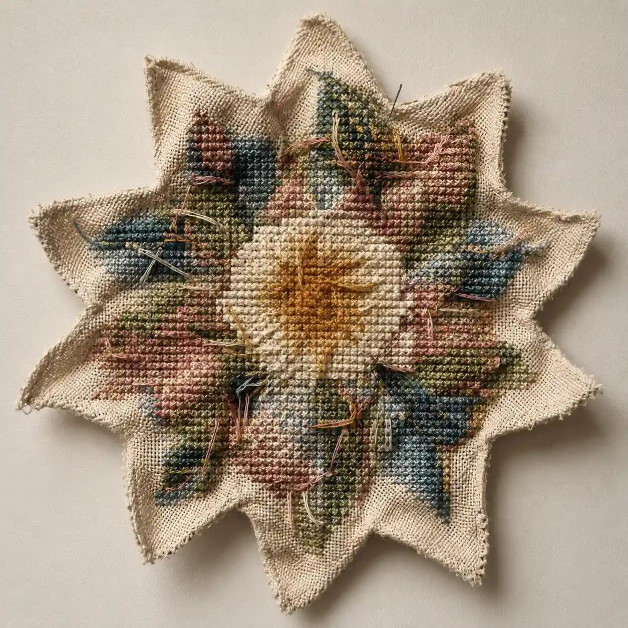 An unconventional star-shaped cross-stitch piece with visible thread tails, unstretched and shown as fiber art rather than a framed rectangle
