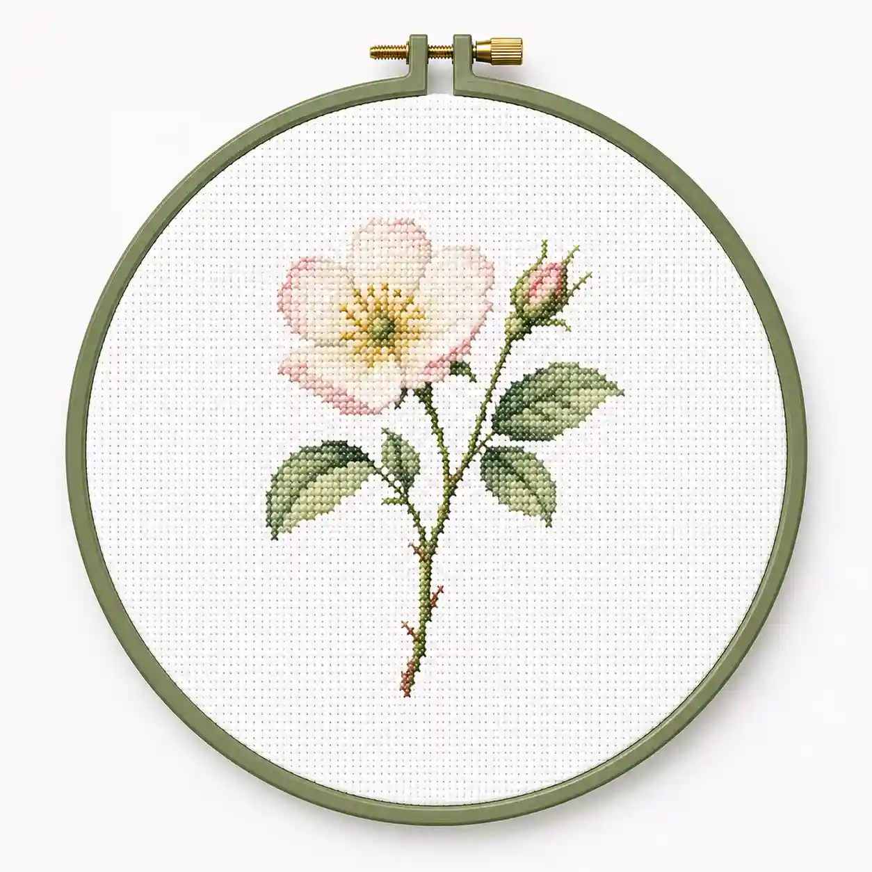 A single stitched rose stem with softly shaded petals and leaves, botanical-illustration style