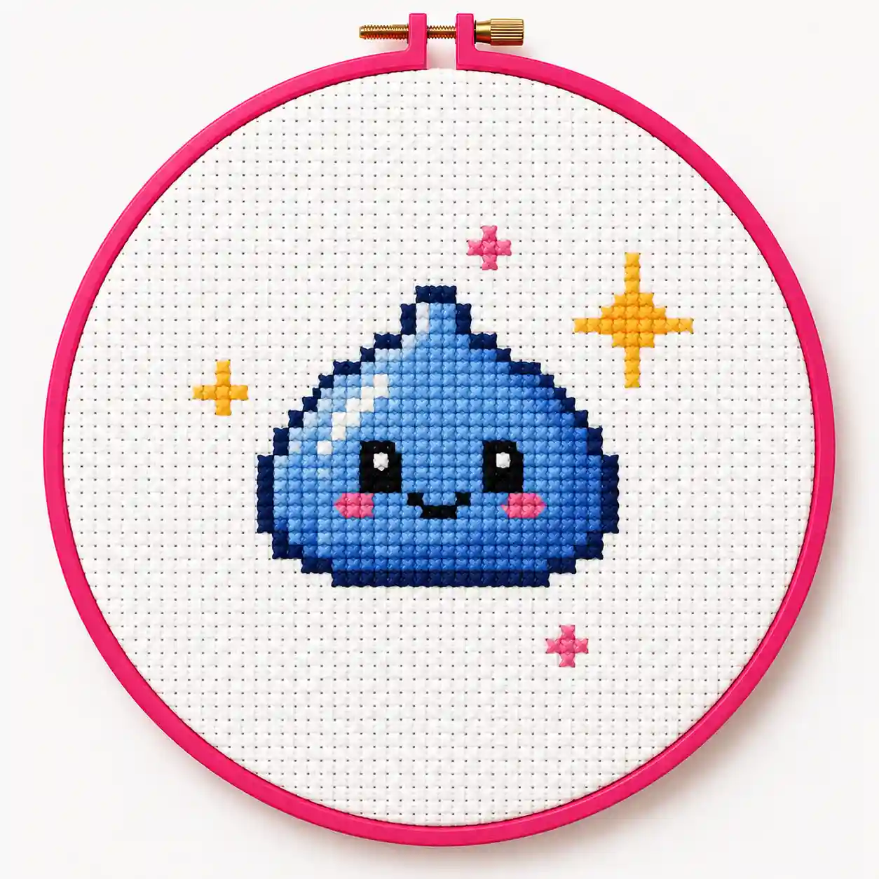 A small pixel-art-style cross-stitch of an invented blue creature character, not tied to any specific franchise