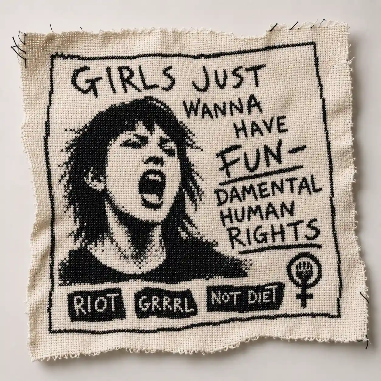 A raw-edged patch stitched in a 1990s riot-grrrl zine style, reading "Girls Just Wanna Have Fun-damental Human Rights, Riot Grrrl Not Diet"