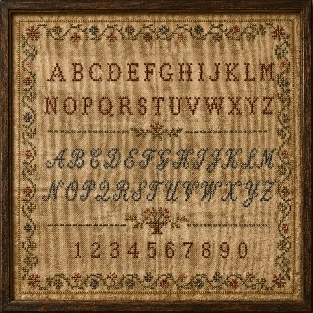 A framed sampler with two stitched alphabets in different type styles and numerals below