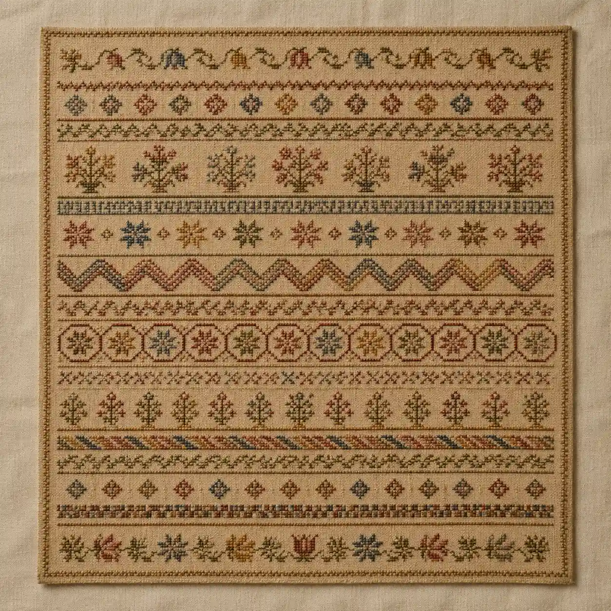 A long sampler with distinct horizontal bands of different patterns stacked top to bottom