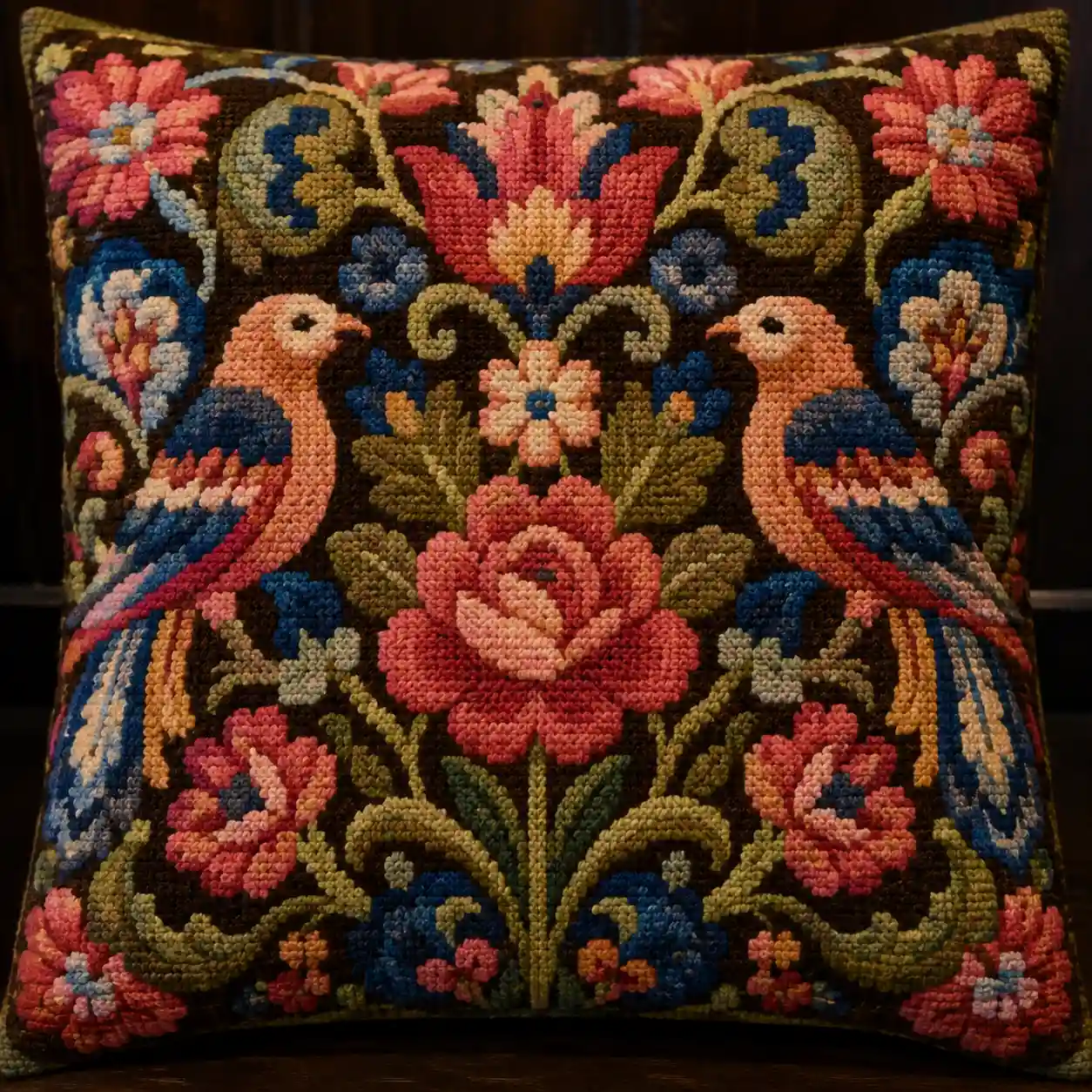 A densely stitched wool needlepoint cushion with bold birds and florals covering the canvas
