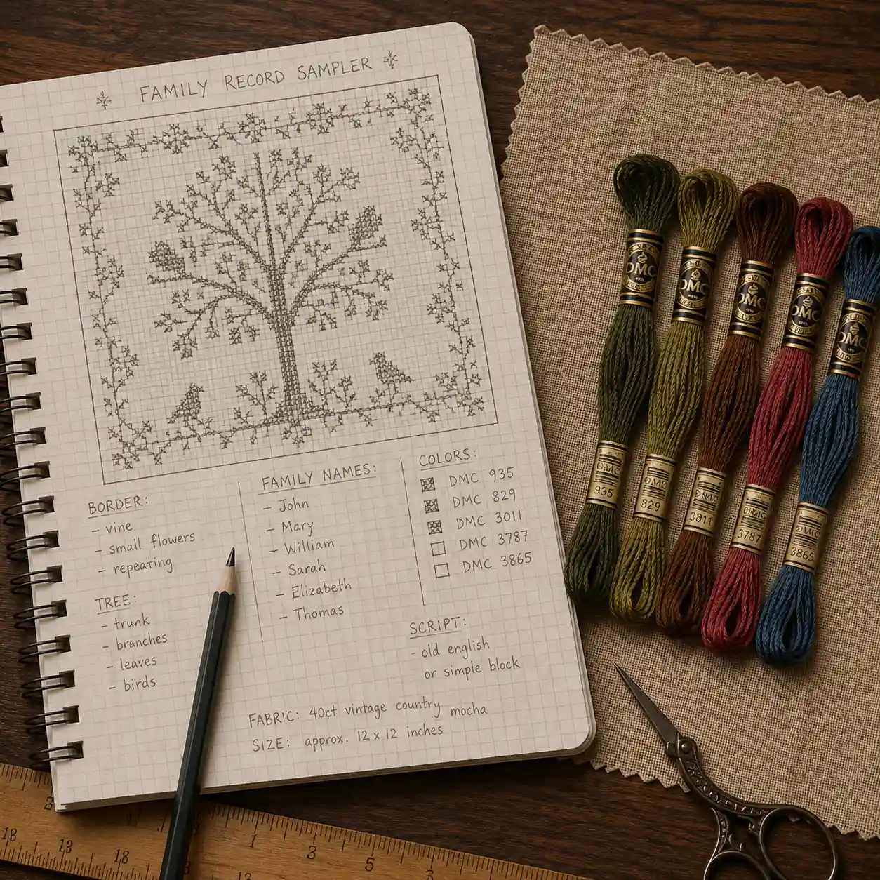 A hand-drawn sampler chart in a notebook next to fabric, floss, and scissors