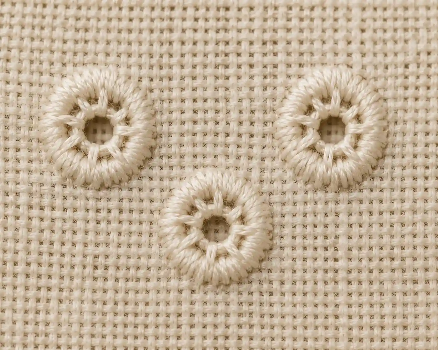 Three Algerian eyelet stitches with visible open center holes