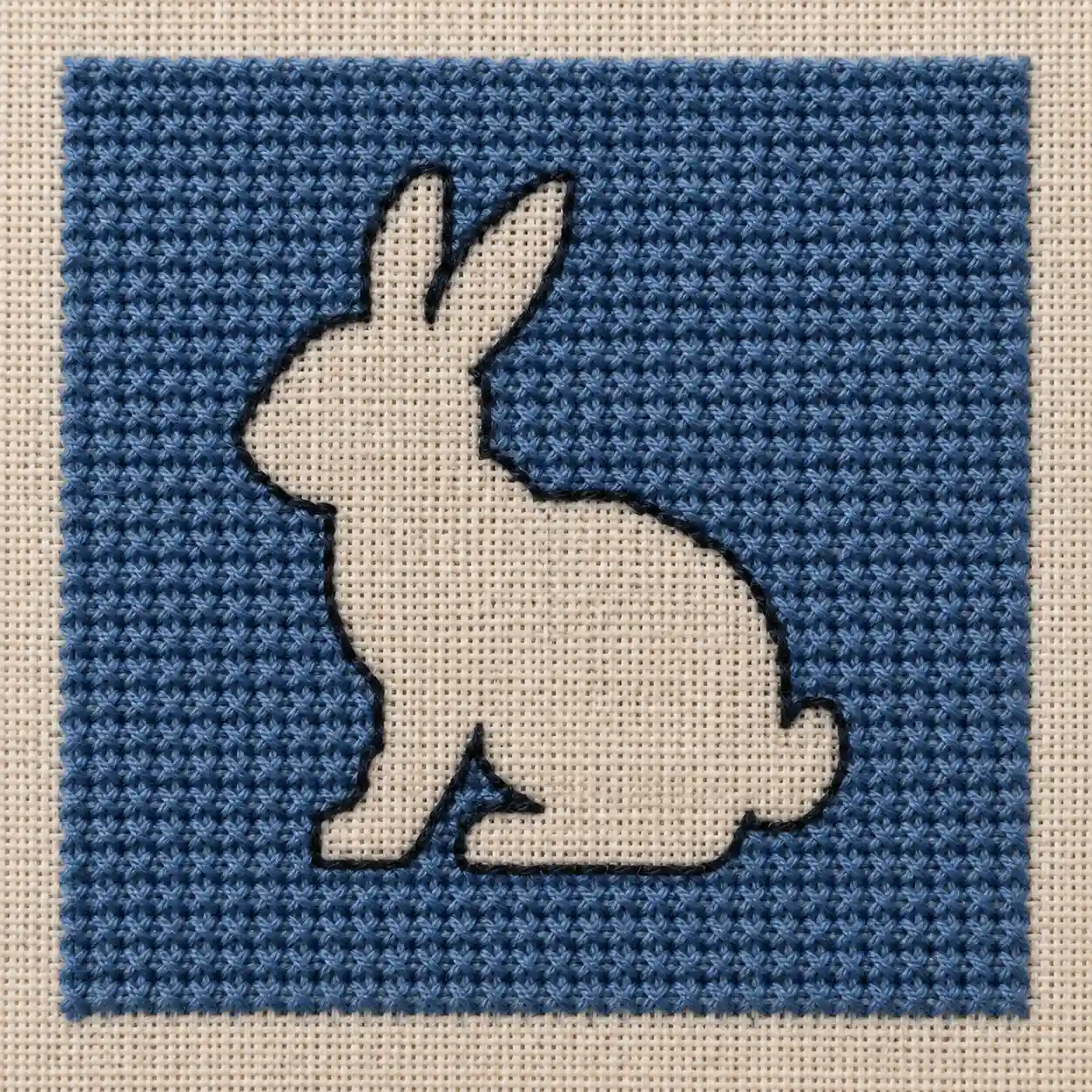 A rabbit silhouette left unstitched against a solid blue cross-stitched background with a black outline