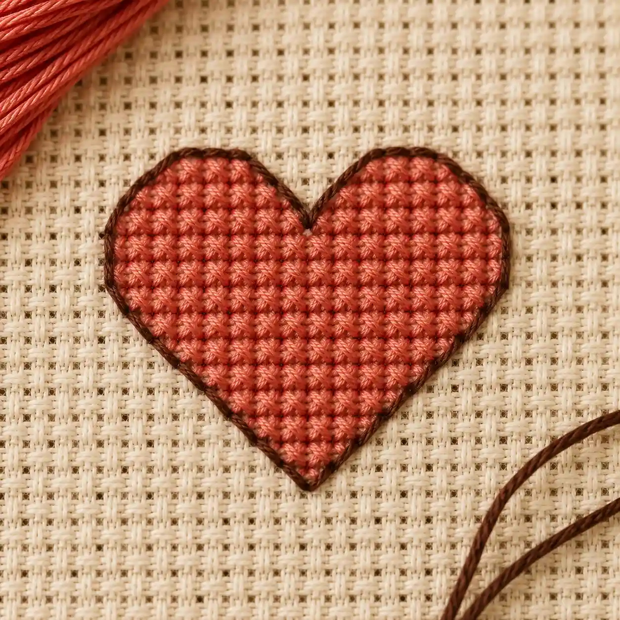 A cross-stitched heart with a clean backstitch outline traced around it