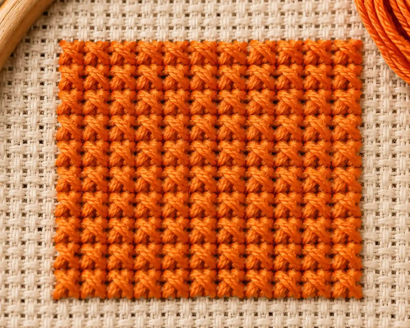 A solid patch of clean, dense full cross stitch in orange thread on Aida