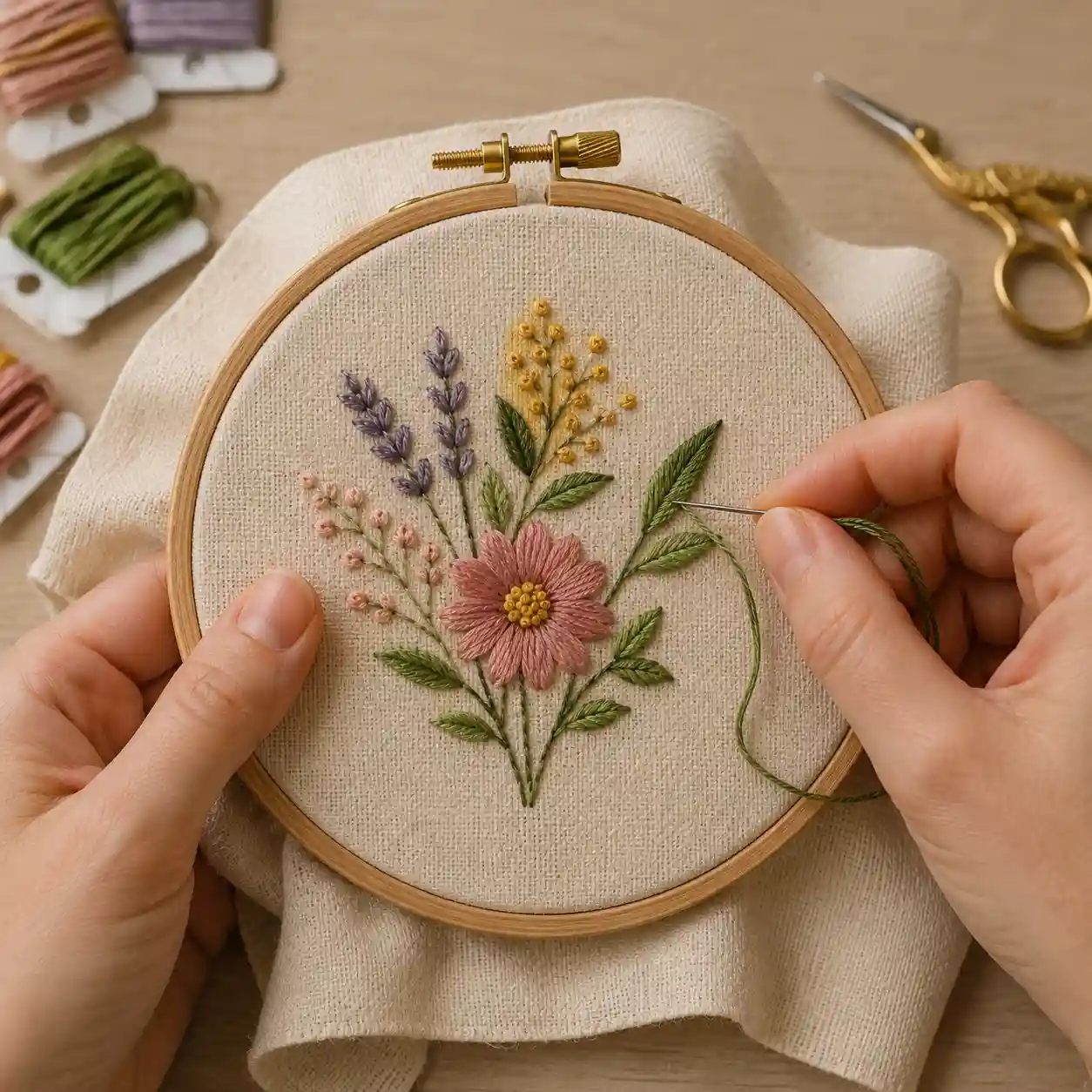 Hands stitching a floral design in a wooden embroidery hoop