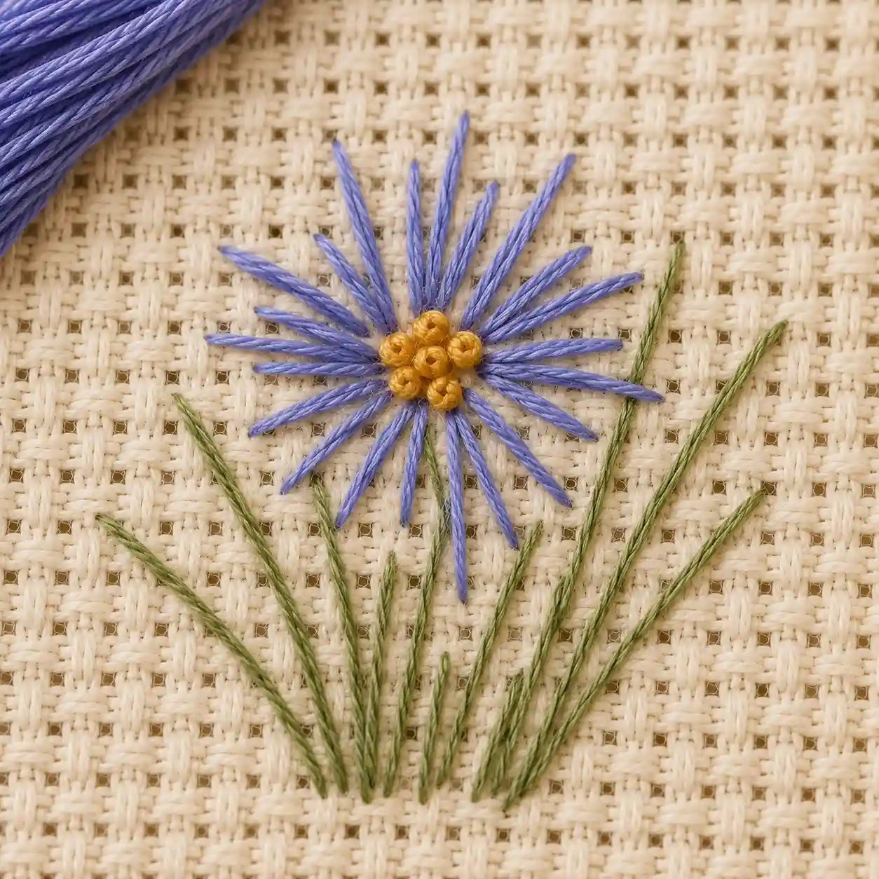 A starburst flower made of loose long straight stitches with French-knot centers, next to straight grass stitches