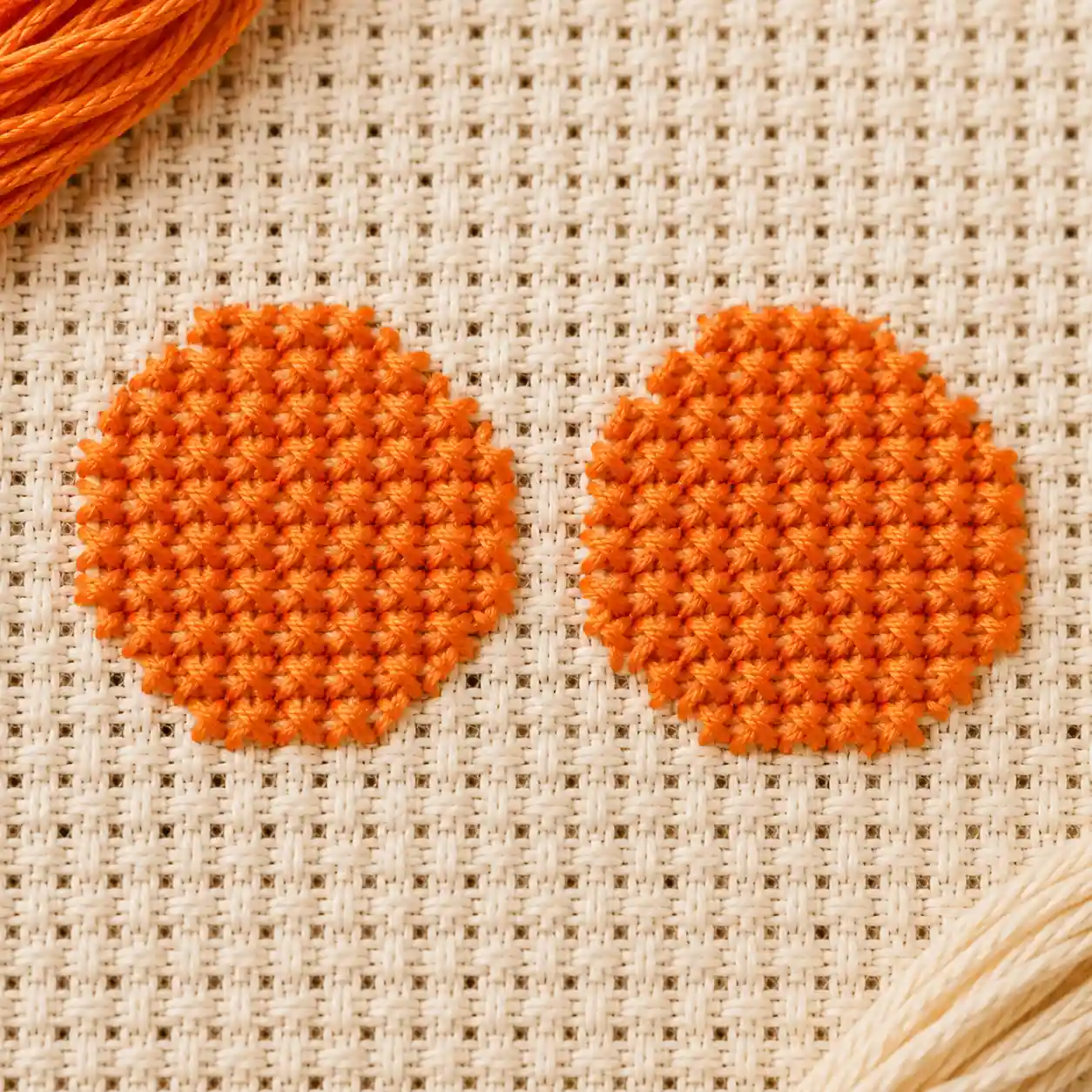 Two rounded circular motifs stitched with fractional stitches smoothing their curved edges