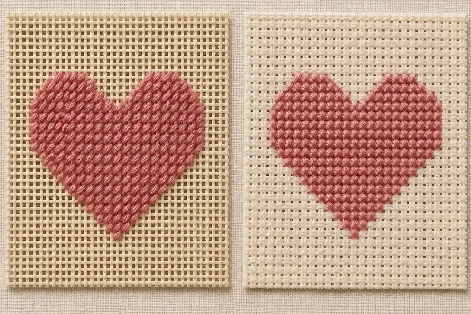 Two stitched hearts side by side comparing tent stitch on canvas with cross stitch on Aida